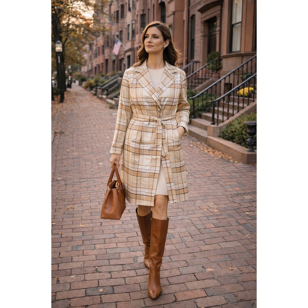 Lord & Taylor VTG Silk Trench Coat Women 18W Tan Plaid Belted Long Sleeve Jacket
